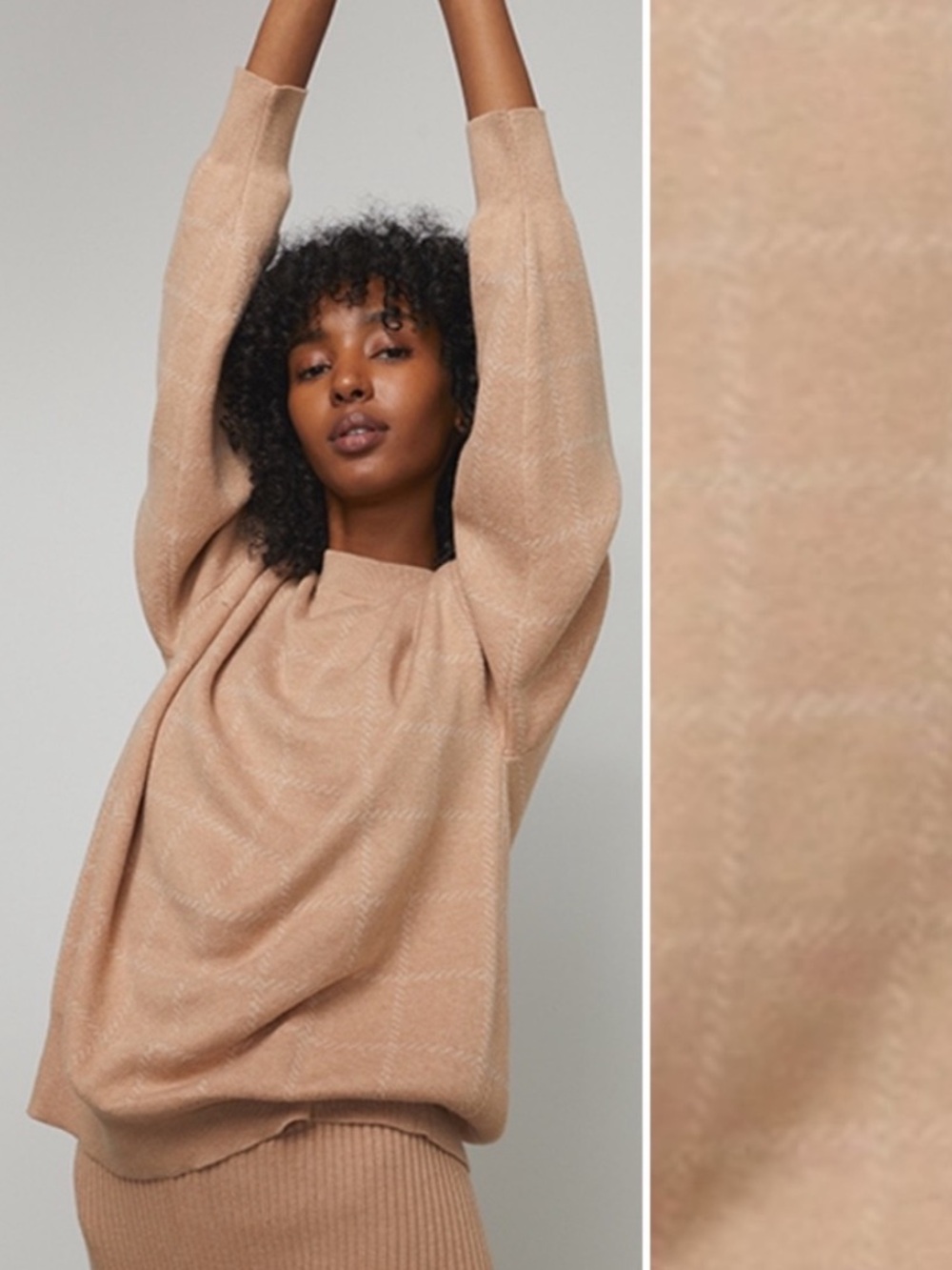 LUNYA Cozy Cotton Silk Pullover Sweater Tranquil Tan Nutmeg Windowpane Small